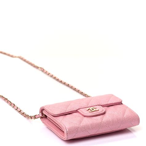 Chanel Pink Quilted Caviar Card Holder With Chain Pale Gold 